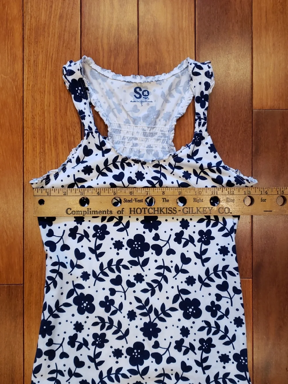 Small Floral Ruffle Racer Back tank top. White with blue - Picture 7 of 10